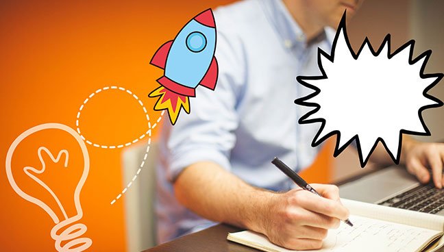 Startup employee with light bulb and rocket animations