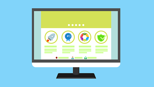 Vector graphic of desktop monitor displaying a website with a carousel and four circles beneath
