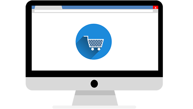 Vector graphic of iMac displaying website with shopping basket icon circle in the centre